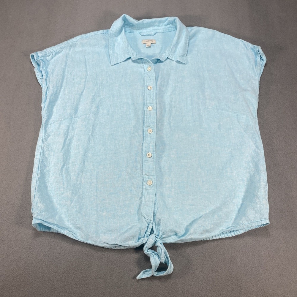 Talbots Women's Large Linen Blend Shirt Button Down Short Sleeve Tie Front Aqua